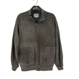 HYDEN YOO Mens Classic Bomber Coat Jacket Leather Ultra 100% Suede Sz S Zip Grey